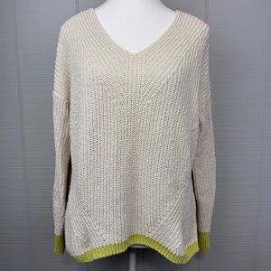 Madewell Cream Cable Knit V-neck Pullover Sweater Lime Green Trim Cuffs Hem S